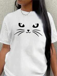 Camiseta de manga corta, ligera y duradera, con diseño de cara de gato, perfecta para uso casual en casa, en la oficina o en un restaurante. - Blanco - Ver 7
