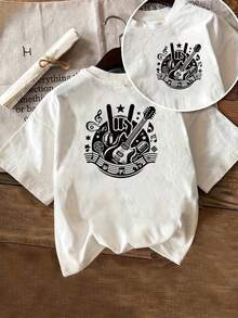 Camiseta de manga corta con estampado frontal y trasero, diseño de guitarra rock y símbolo musical, top casual de moda para mujer, camiseta casual de manga corta con cuello redondo, adecuada para verano y primavera, ropa de mujer 100% algodón. - Blanco - Ver 7