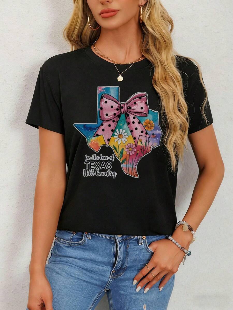 Camiseta con Diseño Amor de la Montaña de Texas | Camiseta casual negra de manga corta, con lazo rosa y estampado floral, tela de elasticidad media, corte regular, cuello redondo. | Adecuado para los fans de Texas, moda de verano - Camiseta unisex de algodón suelto de manga corta y cuello redondo estilo vintage urbano. - Negro - Ver 1
