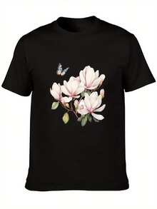 Women's Cotton T-Shirt, Sizes 0XL-5XL, With A Bright Floral Print Of Butterflies And Magnolias, Breathable And Opaque Fabric, Loose Round Neck, Casual Summer And Spring Style, Comfortable Everyday T-Shirt For Women - Unisex Loose Cotton Short Sleeve Round Neck T-Shirt, Urban Vintage Style. - 黑色 - 查看 2