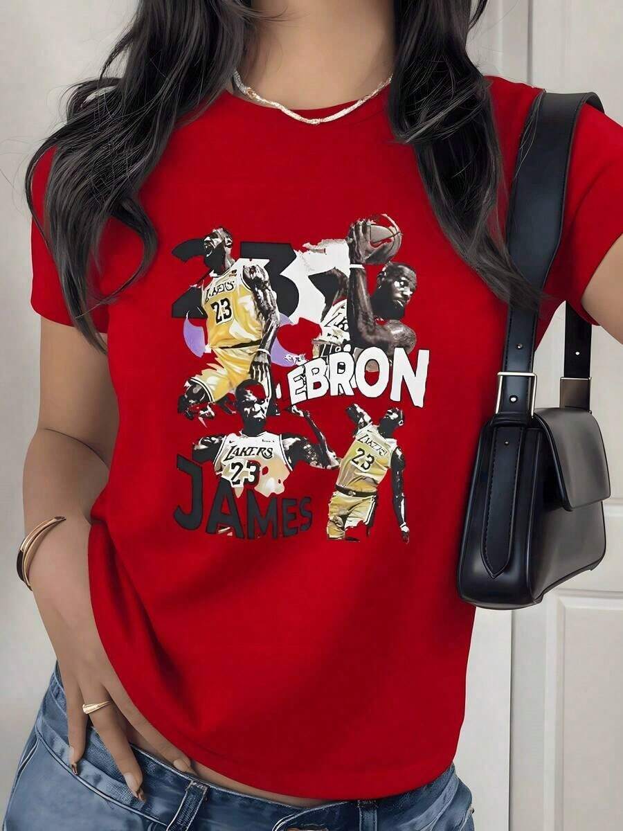 Camiseta con Estampado Gráfico de Jugador de Baloncesto, 180g, 1 Pieza, Temática Deportiva, Casual para Mujer, 100% Algodón, Estilo Streetwear - Rojo - Ver 1