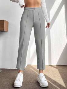 PETITE Pantalones De Mujer De Primavera De Cintura Alta Con Pliegue Prensado Cónico - Gris - Ver 1