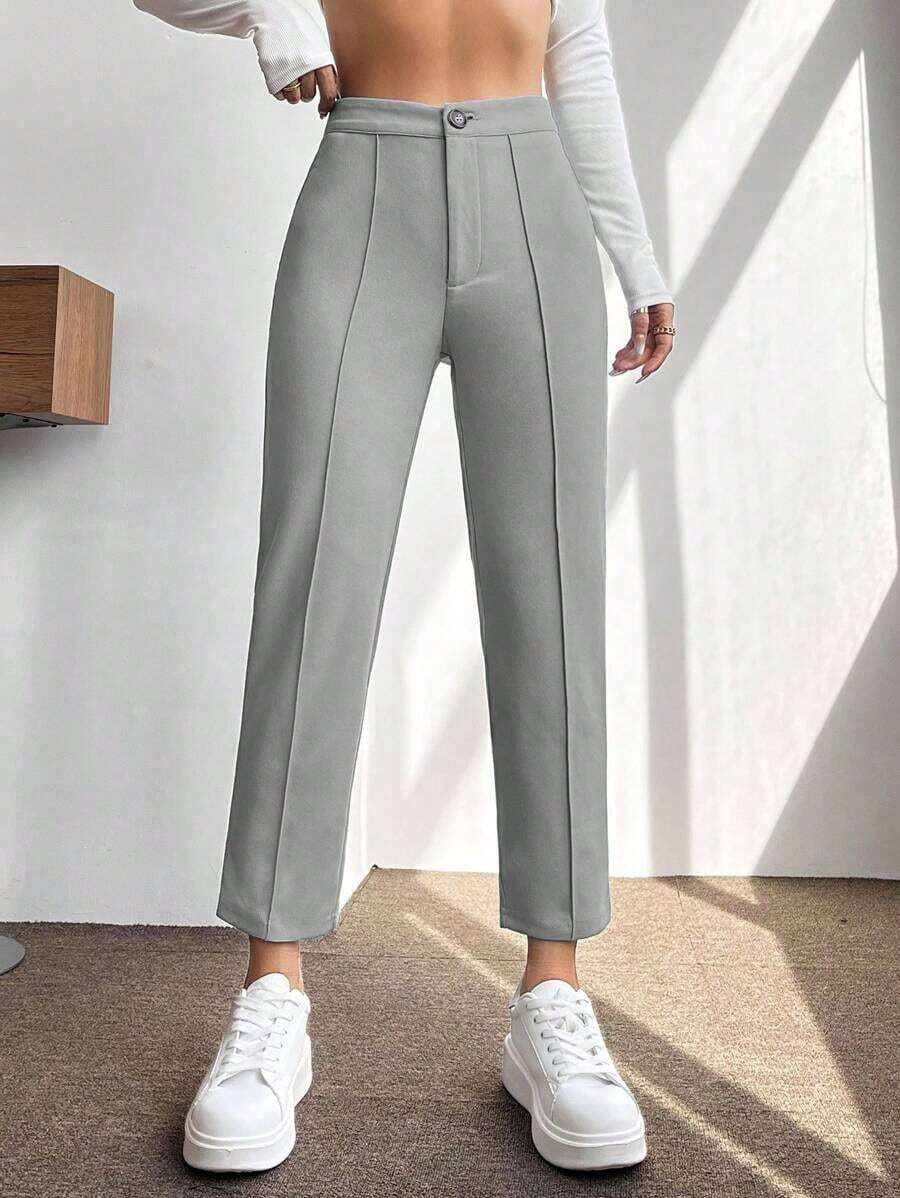 PETITE Pantalones De Mujer De Primavera De Cintura Alta Con Pliegue Prensado Cónico - Gris - Ver 1