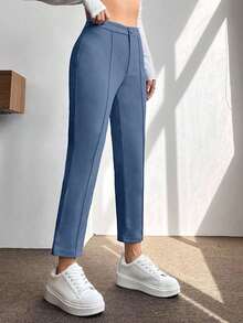 PETITE Pantalones De Mujer De Primavera De Cintura Alta Con Pliegue Prensado Cónico - Niebla azul - Ver 3