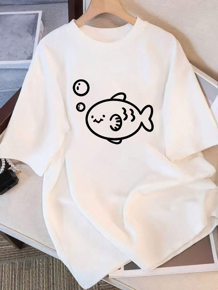 Camiseta de Verano Moderna de Algodón, Holgada, de Cuello Redondo, Versátil, Cómoda, Casual, para Mujer, Juvenil, a la Moda, de Manga Corta para Uso Diario - Blanco - Ver 1