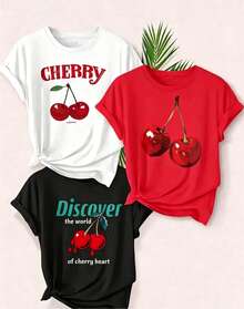 Artículo de moda: Camiseta casual de manga corta para mujer, 3 piezas/set de camisetas de manga suitable for streetwear, Top oversized cuello redondo daily outings, camping, concerts, hip-hop, rock, and rap events con estampado de corazón de cereza y diseño de exploración del mundo, cuello redondo, de algodón puro, transpirable, top deportivo casual, camiseta para mujer como regalo de vacaciones. - Blanco - Ver 1