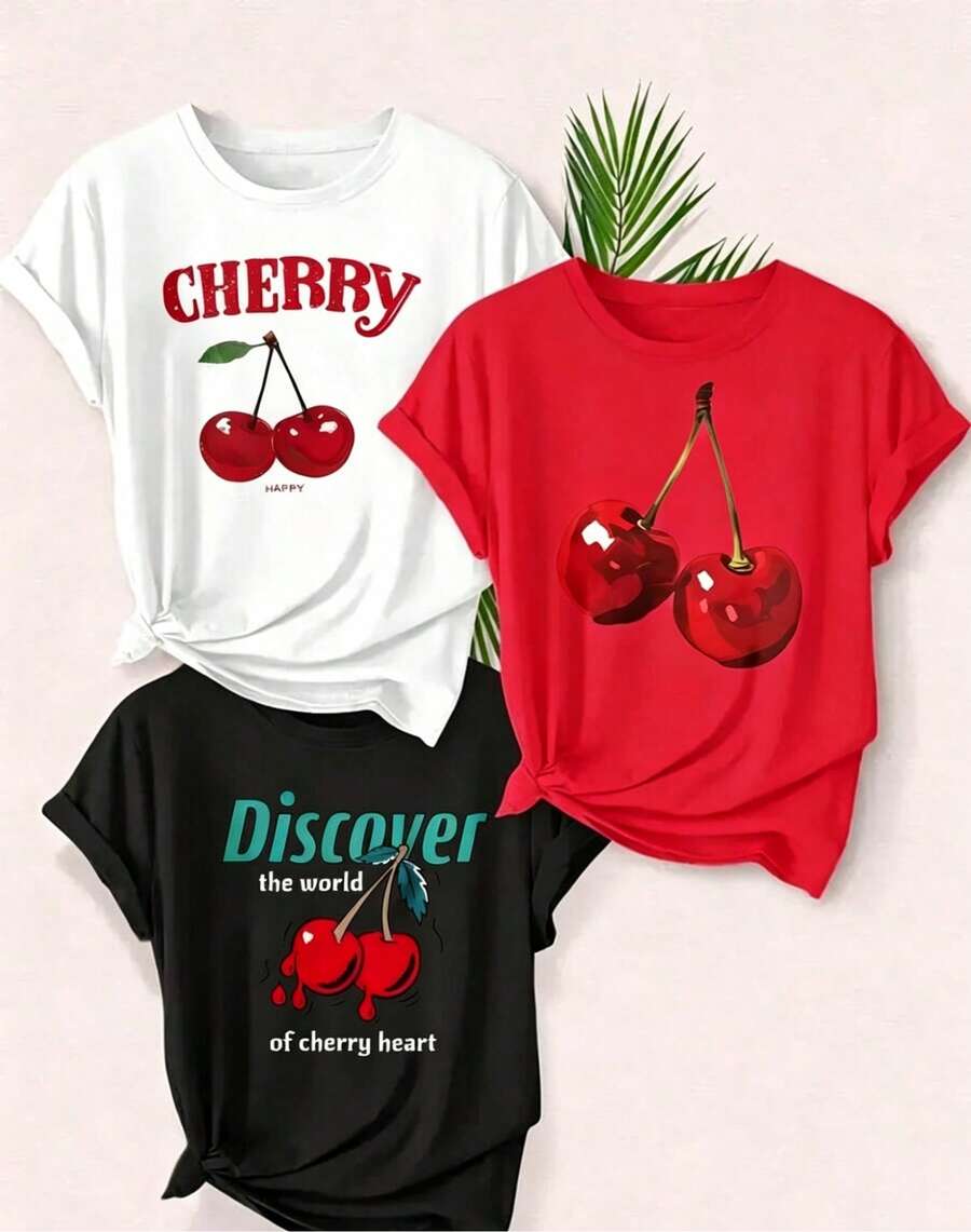 Artículo de moda: Camiseta casual de manga corta para mujer, 3 piezas/set de camisetas de manga suitable for streetwear, Top oversized cuello redondo daily outings, camping, concerts, hip-hop, rock, and rap events con estampado de corazón de cereza y diseño de exploración del mundo, cuello redondo, de algodón puro, transpirable, top deportivo casual, camiseta para mujer como regalo de vacaciones. - Blanco - Ver 1