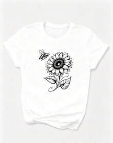 3 Fashion Item: Women's Casual Short Sleeve T-Shirt, Sunflower And Bee Print, Women's Round Neck Short Sleeve T-Shirt, Pure Cotton Breathable Casual Sports Top, Holiday Gift, Spring T-Shirt With Butterfly Design For Easter. - 白色 - 查看 2