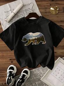 Camiseta de Mujer Casual con Cuello Redondo, Opciones en Blanco y Negro, Estampado Gráfico de Oso y Paisaje, Camisetas para Uso Diario, Tops de Verano - Negro - Ver 2