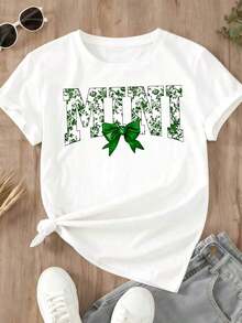 Camiseta de Mujer con Estampado de Hojas de Menta y Lazo, Ropa Casual de Verano para Mujer - Blanco - Ver 2