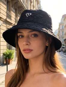 Black Pleated Textured Fisherman Hat, Self-Contained High-End 3D Texture, Rhinestone Heart Decor Exquisite And Sweet, Wide Brim Flattering Face Shape And Sun Protection, Lightweight Breathable Fabric Suitable For Spring/Summer, Suitable For Commuting, Dating, Gentle Mature Style, Easily Creates A Gentle And Elegant Atmosphere. - Fisherman's Hat - View 5