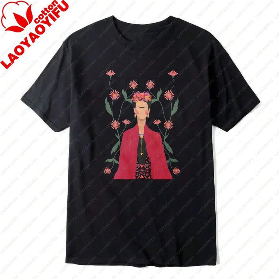 Camiseta de Algodón Unisex con Estampado Floral de , Estilo Bohemio, Elementos Florales, Moda Casual de Verano - Negro - Ver 1