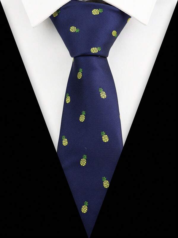 ZLQ&GOU 1 PC Cute Pineapple Fruit Pattern Men's Tie, Playful Creative Polyester Jacquard Navy Blue Necktie, Party Event Holiday Neck Accessory