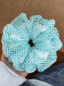 1pc New Mint Blue Double-Layer Hollow Grid Chiffon Scrunchie, Soft Hair Tie Ponytail Elastics Rubber Bands - Multicolor - View 7