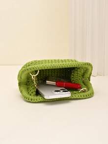 Cute Cloud Light Blue Chunky Knit Women's Handbag - Handmade Woven Gold Chain Handbag, Soft Cloud Texture Tote Bag, Daily, Beach, Travel, Brunch, Bohemian Style Women's Shoulder Bag - Green - View 5