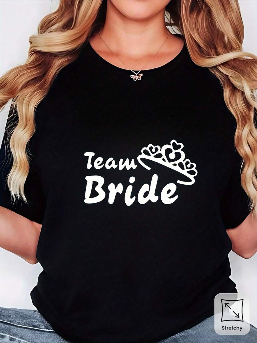Camiseta de Novia de Talla Grande con Cuello Redondo - Blusa de Manga Corta con Estampado "" para Mujer, adecuada para fiestas de damas de honor y eventos de boda en primavera/verano - Elástica, transpirable, lavable a máquina, estilo casual cómodo Blusas Para Mujer Casual - Negro - Ver 1