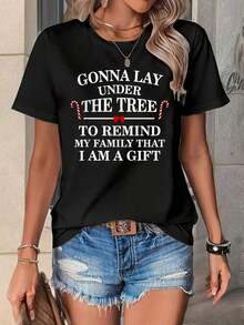 Voy a dormir debajo del árbol, camiseta divertida de la familia del árbol nido, ropa de invierno para mujeres, camiseta casual de manga corta con cuello redondo y estampado para uso diario, son excelentes regalos para amigos y familiares, camisetas 100% algodón, diseño juvenil y a la moda. - Negro - Ver 6