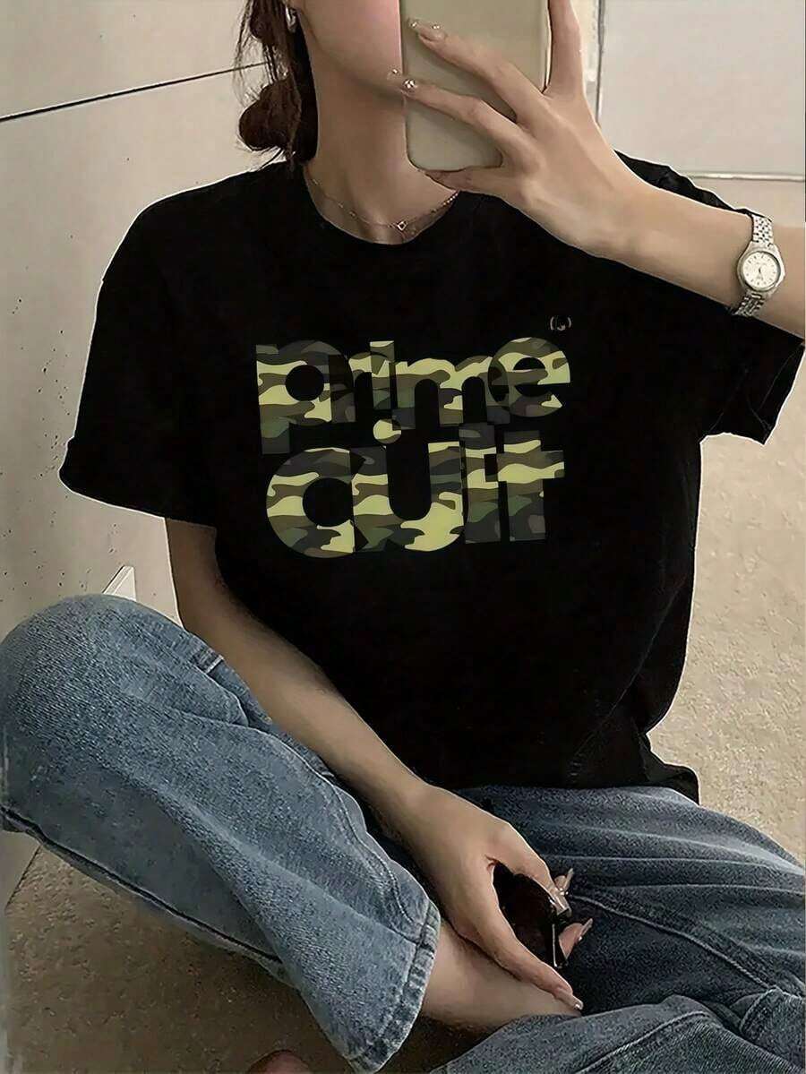 Camiseta informal de algodón con estampado para el hogar, uso diario, vacaciones de verano, Camiseta informal de manga corta con estampado de camuflaje para mujer - Top de cuello redondo con patrón geométrico de ajuste holgado para primavera, verano y otoño, solo lavar a mano, Camiseta de cuello redondo de ajuste holgado, talla grande, ropa de algodón para mujer, Top para mujer, blusas bonitas, ropa de verano para mujer, top de mujer, ropa de verano para mujer, 100% algodón, ropa bonita, tops casuales, estilos de Pascua, atuendo de Pascua para mujer, blusas para mujer - Negro - Ver 1