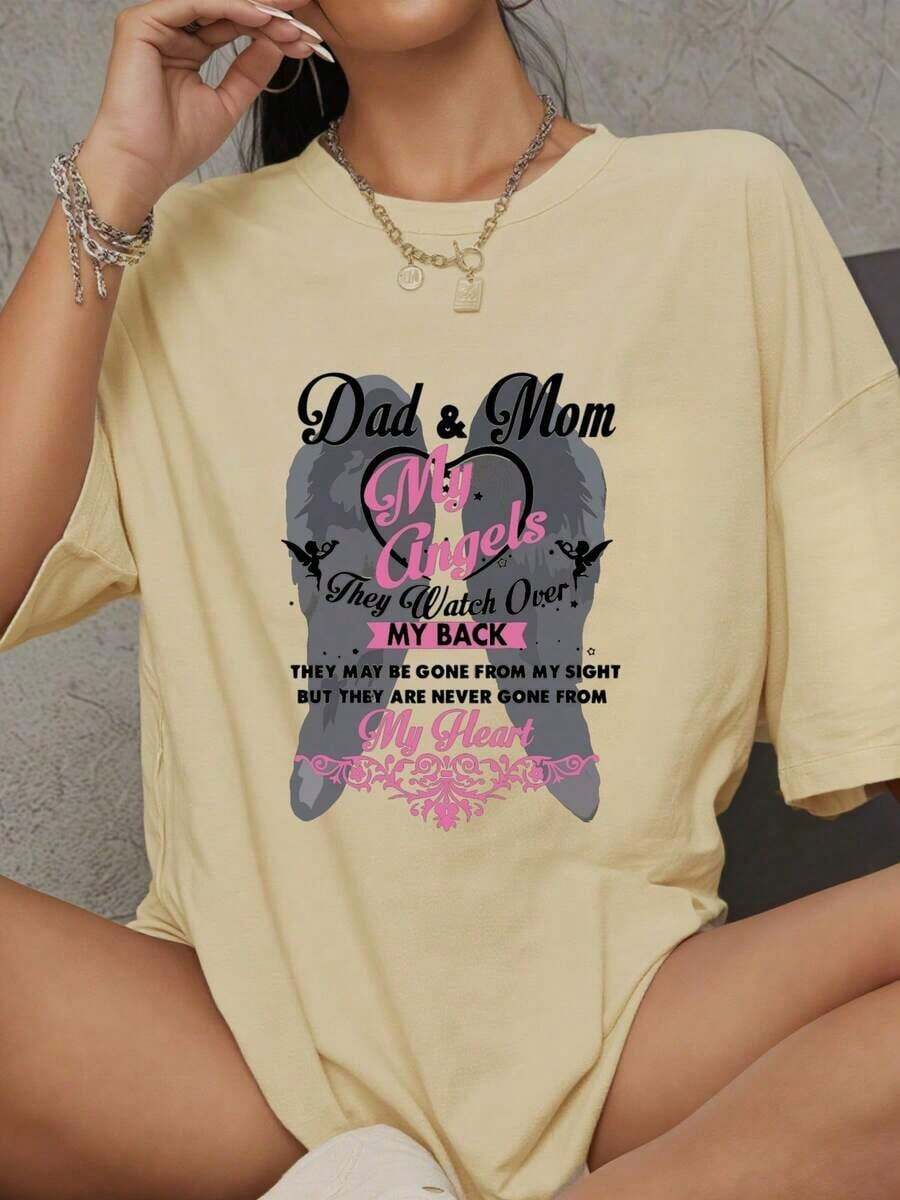 ClassicAINO 1 Camiseta% Algodón para Mamá y Papá en el Cielo para Siempre, Mis Ángeles, Conmemoración de los Padres, Camiseta de Algodón Grueso con Estampado de Halloween para Mujer, Blusas Casuales para Mujer - Albaricoque - Ver 1