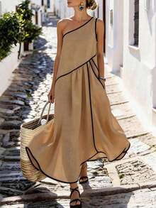 Vestido casual de mujer con ribete de contraste, verano - Caqui - Ver 1