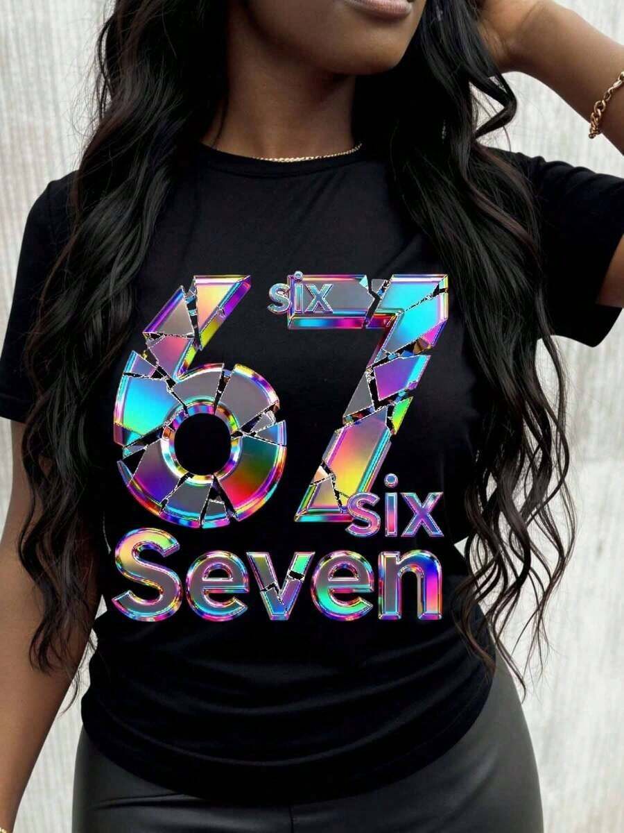 Camiseta con Gráfico de Números Holográficos Six Seven para Mujer, Top de Moda, Ropa Casual, Playera Holgada para Mujer - Negro - Ver 1