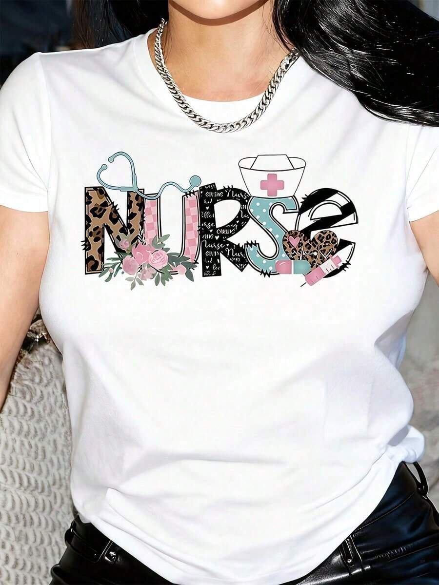 Elegante Camiseta de Manga Corta con Estampado de Enfermera y Cuello Redondo - Ropa Casual de Otoño y Primavera para Mujer - Top Suave, Transpirable y de Corte Relajado para Uso Diario Adecuado como regalo. playera de mujer. blusas>elegantes. boho chic,Top de mujer suave, transpirable y cómodo, ideal para primavera, verano y otoño, perfecto para vacaciones, viajes y uso diario. - Blanco - Ver 1