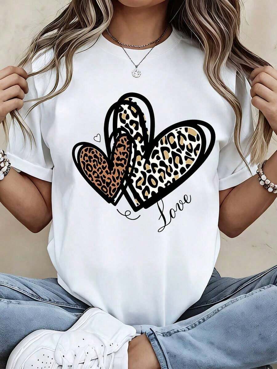 Leopard Heart Print T-Shirt With Love Text, Casual Sporty Style For Women - Vintage Urban Style, Unisex, Loose Fit, Cotton, Short Sleeve, Round Neck, 100% Cotton - 白色 - 查看 1
