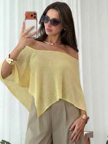 2026  Chal elegante de estilo bohemio para vacaciones de mujer, jersey holgado de punto sin hombros con bajo asimétrico, parte superior ligera de protección solar - Amarillo claro - Ver 3