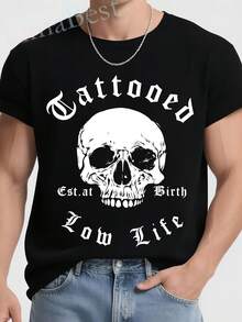 Camiseta unisex con la frase "Tattooed Low Life - Est at Birth", con un peso de .Tiene cuello redondo y mangas cortas, disponible en tallas S-3XL.This Casual Wear Is Suitable for Daily Use And All Seasons,ropa de mujer blusas para dama casuales camisas de mujer blusa blusas para mujer camisas,Graphic printed ,Skin-friendly,90s retro,Streetwear,Trendy casual tees - Negro - Ver 4