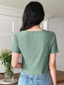 Camiseta de cuello redondo sólido con bordado de ojales, estilo preppy - Verde - Ver 2