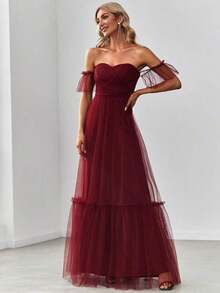 Vestido de dama de honor con volantes y malla de hombros descubiertos, color azul claro, para boda, fiesta de graduación o cumpleaños - Burdeos - Ver 4