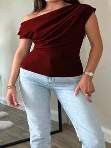 Top corto asimétrico elegante, básico, casual, único y hermoso para mujer de talla grande, top ajustado y sexy con hombros descubiertos para el verano - vino de Borgoña - Ver 3