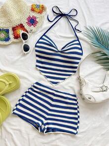 Nuevo conjunto informal de vacaciones de primavera/verano para invitados a bodas en la playa, graduación, brunch, Día de San Patricio, Spring Break, Pascua, festivales de música, elegante, bohemio, tropical, con estampado de rayas azul y blanco, camiseta de tirantes finos y conjunto de 2 piezas - Multicolor 5 - Ver 4