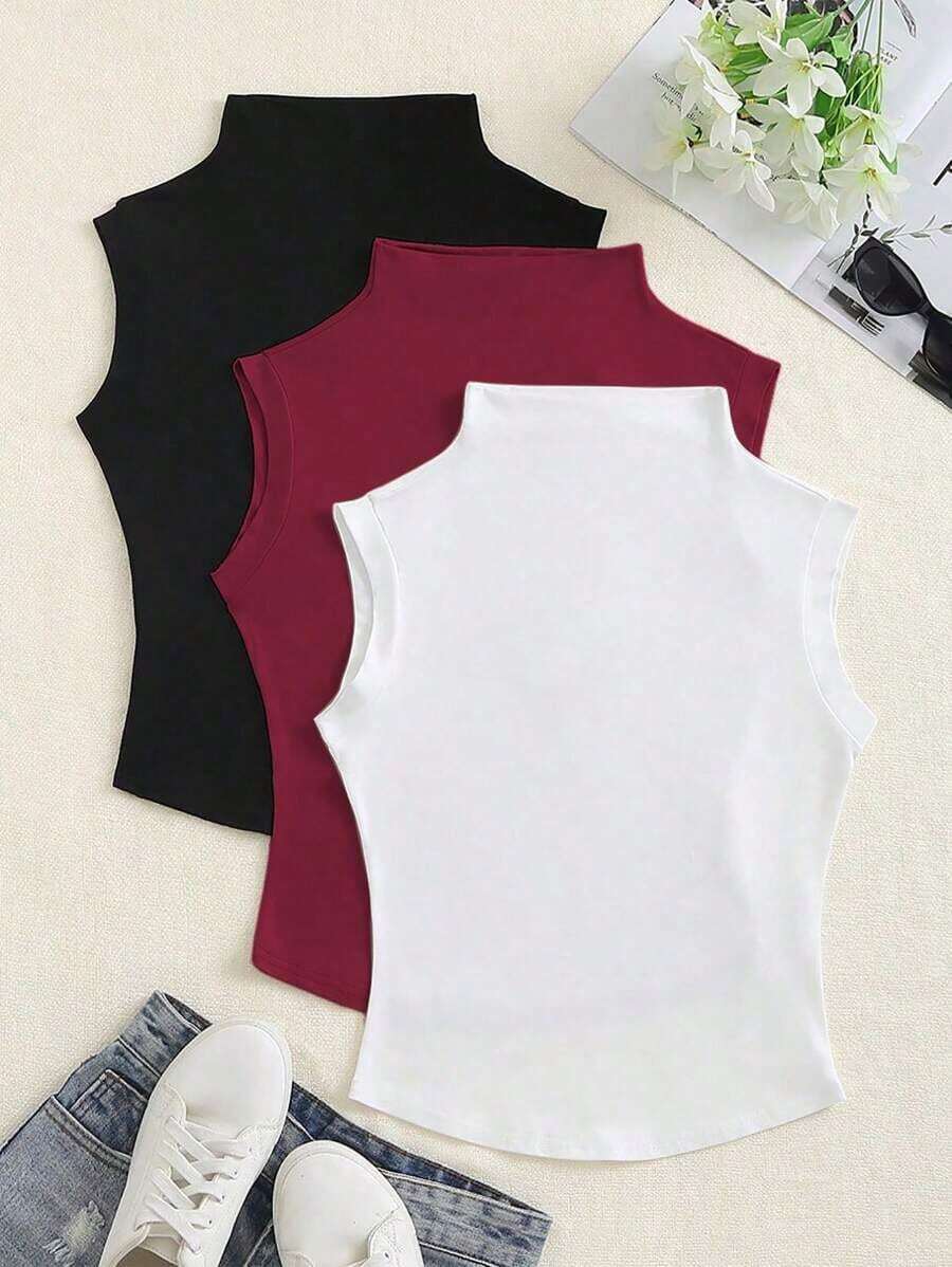 Camiseta sin mangas casual de mujer con cuello de pie - Multicolor 17 - Ver 1
