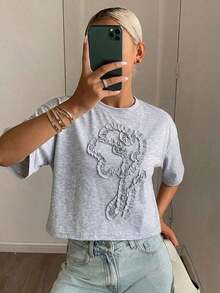 Camiseta de mujer de manga corta, cuello redondo, holgada, con pliegues y estampado floral, para el verano - Gris 2 - Ver 6