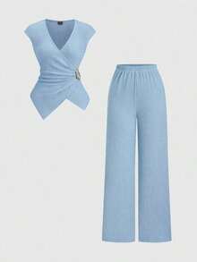 2 piezas Conjunto de mujer minimalista y cómodo de punto acanalado con hebilla de metal decorativa, para otoño - Azul - Ver 1
