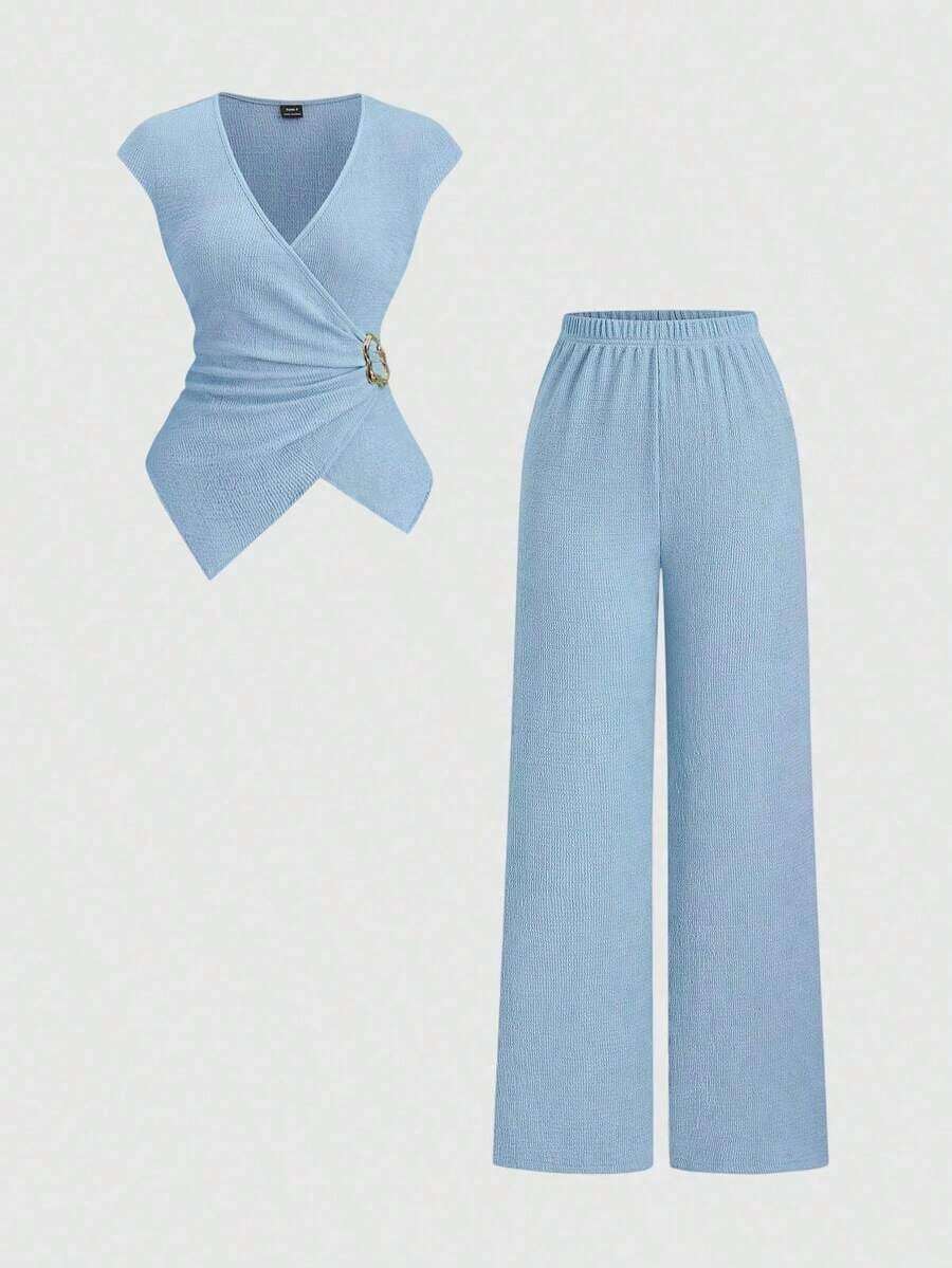 2 piezas Conjunto de mujer minimalista y cómodo de punto acanalado con hebilla de metal decorativa, para otoño - Azul - Ver 1