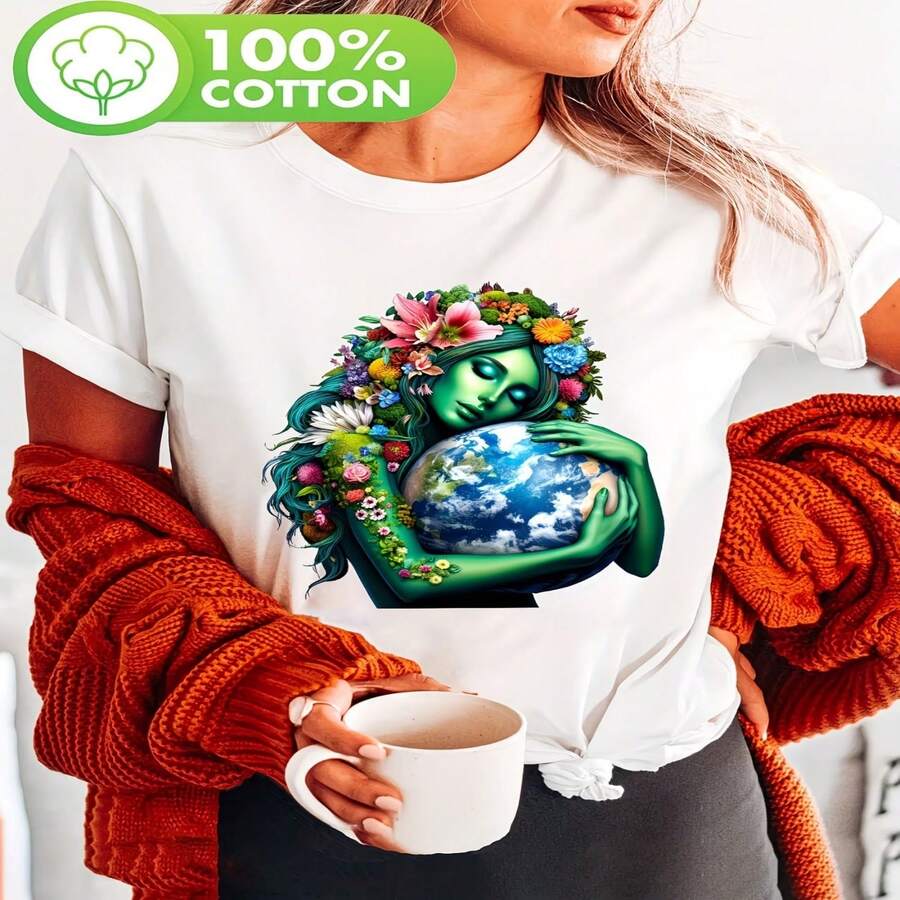 Camiseta informal de algodón blanco para mujer, con cuello redondo y mangas cortas, con un vibrante estampado de la Diosa de la Tierra, perfecta para la moda de otoño. - Blanco - Ver 1