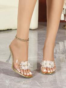 Giày cao gót thời trang nữ, chất liệu gel dẻo, kiểu đan chéo, kiểu xỏ chân, đính hoa, đính ruy băng, sandal mũi vuông cổ điển, hở mũi, hở gót, gót pha lê trong suốt, gót mỏng, thích hợp cho mùa hè, ngoài trời, kiểu dáng thông thường, sandal vàng nữ, dép cao gót, kiểu trong suốt, gợi cảm, tối giản, dự tiệc, sandal siêu cao gót, chiều cao gót 9cm. - Vàng - Xem 3