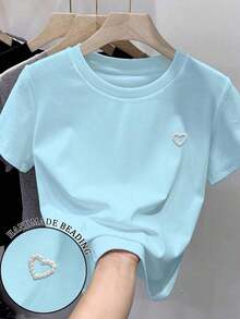 Camiseta de manga corta de unicolor con decoración de tachuelas en forma de corazón, de uso versátil y casual - Azul 2 - Ver 1