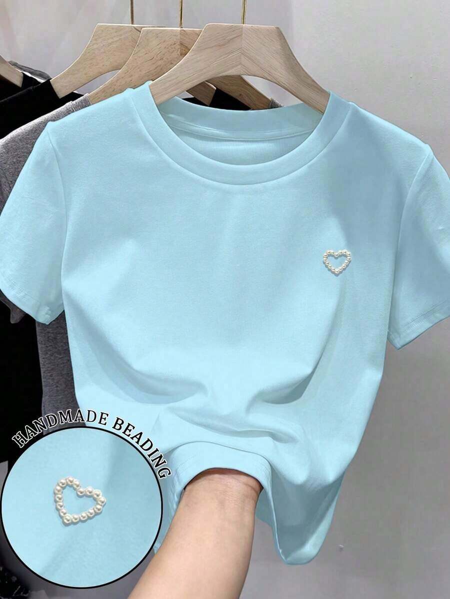 Camiseta de manga corta de unicolor con decoración de tachuelas en forma de corazón, de uso versátil y casual - Azul 2 - Ver 1