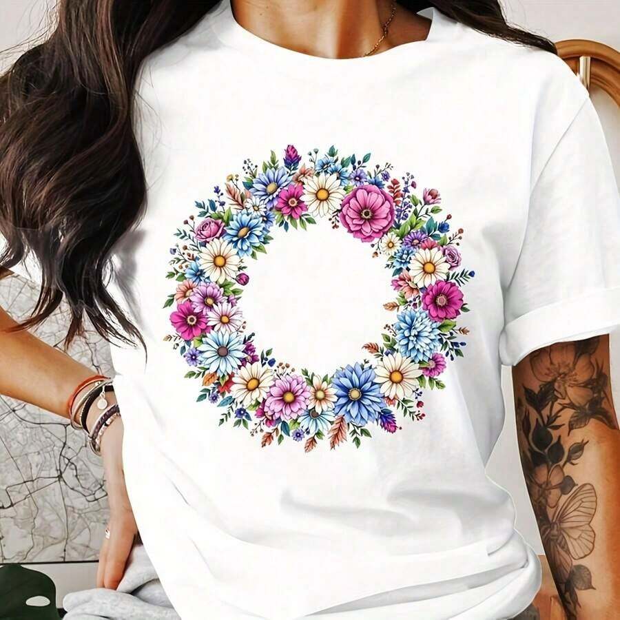 Camisetas gráficas de manga corta para mujer, camiseta con corona floral, camiseta con flores coloridas, camiseta con gráficos botánicos, camiseta de primavera, regalo para amantes del jardín, camiseta con arte floral, camiseta de naturaleza, camiseta de algodón 100% de 220 g de peso. Estampado de mariposas. Tallas unisex. Camiseta inspiradora de cuello redondo. Lindo y hermoso top de verano inspirado en el estilo Y2K, perfecto para actividades al aire libre, en casa, en el trabajo o para vestir en la calle. Camiseta casual, holgada para uso diario. - Blanco - Ver 1