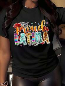 Women's Graphic Short Sleeve T-Shirts, Women's Crew Neck T-Shirt, Rainbow Floral Print "Proud Latina", Short Sleeve T-Shirt For Casual Wear, Parties And Cultural Celebrations, Vintage Style. - 黑色 - 查看 6