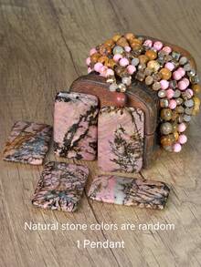 Boho Rhodonite Necklace Square Pendant Handmade Knotted Picture Stone & Rhodonite Long Necklace Vintage Luxury Geometric Pendant Chain - Multicolor - View 2