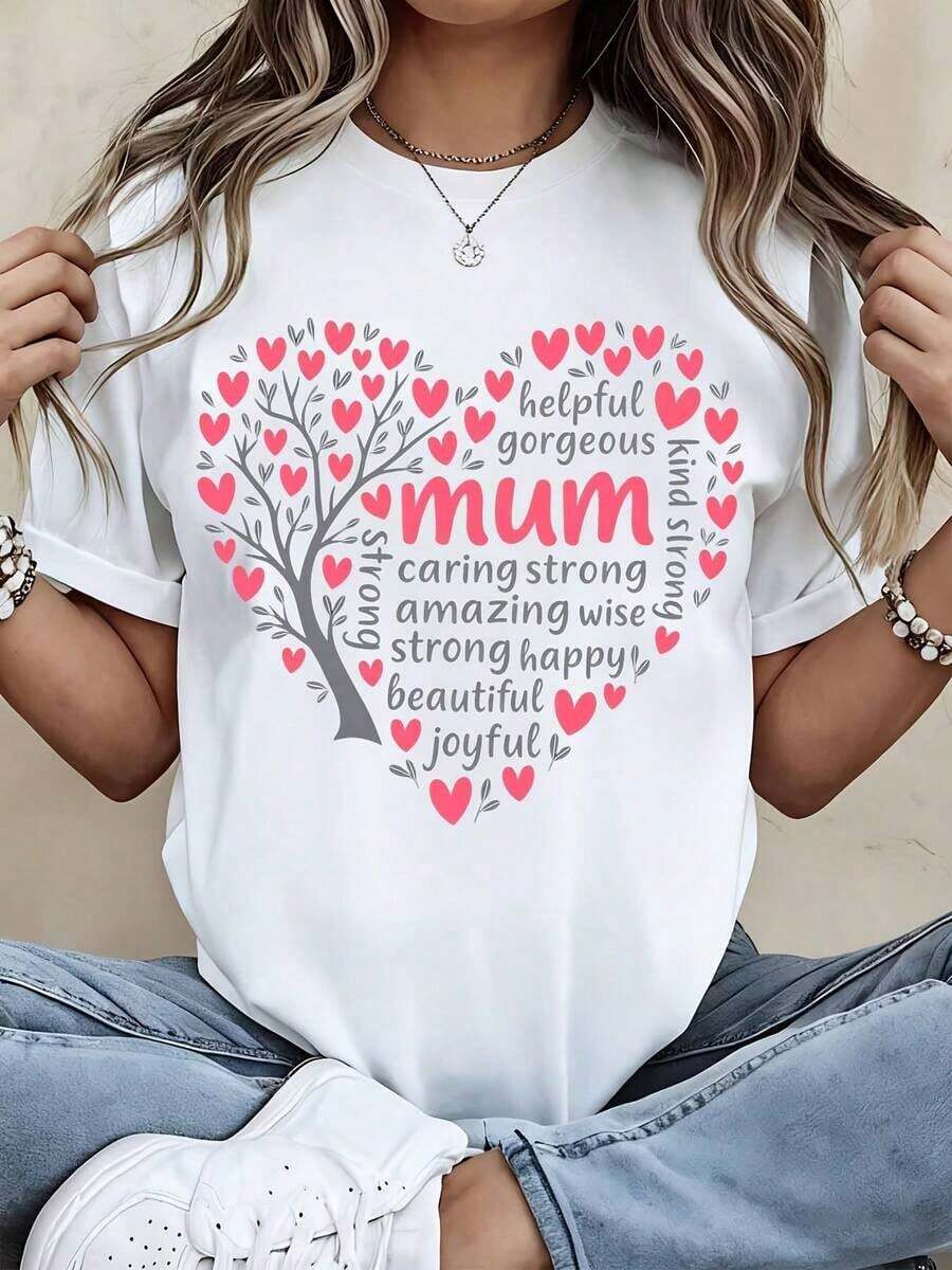 Camiseta TrendyT con diseño de árbol de corazones y las palabras "Mamá Útil, Hermosa, Cariñosa, Fuerte, Increíble, Sabia, Feliz, Alegre". Ideal como regalo para el Día de la Madre o para uso diario. - Blanco - Ver 1