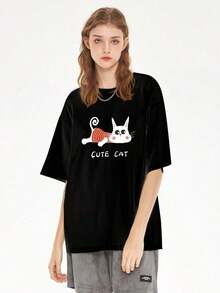 Women's Cute Cat Striped Short Sleeve T-Shirt, Casual Loose Summer Top - Simple Graphic Print Summer T-Shirts, Casual Mother's Day Gift. Suitable For Spring, Summer, And Autumn. - 黑色 - 查看 7