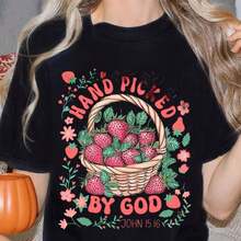 Women's T-Shirt With Hand-Picked Strawberries Print, Short Sleeve, Round Neck, Casual Top, Autumn/Winter Gift For Christian Friends And Family, Casual Printed Top For Women, Blouses For Women - 黑色 - 查看 6