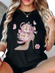 Talla, camiseta casual de cuello redondo para mujer de talla, zapatos de tacón alto decorados con perlas y diseño floral, lavable aáquina, corte holgado, adecuado para todas las estaciones, negro, top holgado, ropa casual a - Camiseta unisex de algodón holgada de manga corta y cuello redondo estilo vintage urbano. - Negro - Ver 6