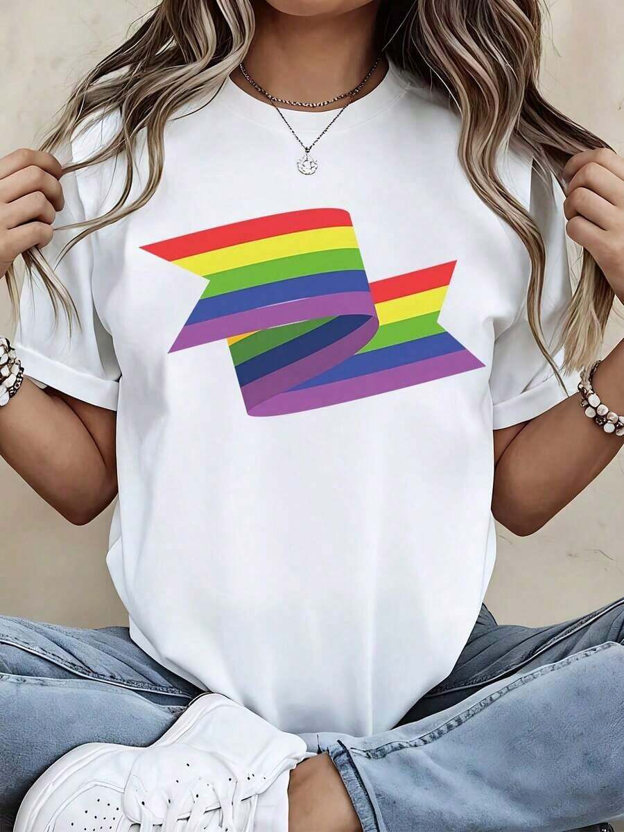 Camiseta con Estampado de la Bandera del Arcoíris, Ropa Casual para Uso Diario y Actividades Deportivas - Estilo Urbano Vintage, Unisex, de Algodón, Manga Corta, Cuello Redondo, 100% Algodón - Blanco - Ver 1