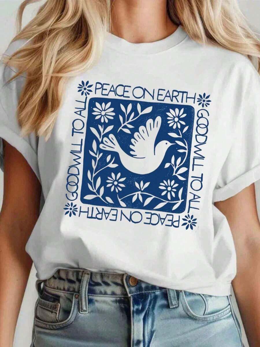 Camiseta Casual Peace On Earth para Mujer - Regalo Navideño, Camiseta Blanca con Cuello Redondo y Estampado Azul con Mensaje de Buena Voluntad para Todos, Top Festivo de Temporada para Celebraciones de Navidad, Año Nuevo e Invierno. - Blanco - Ver 1